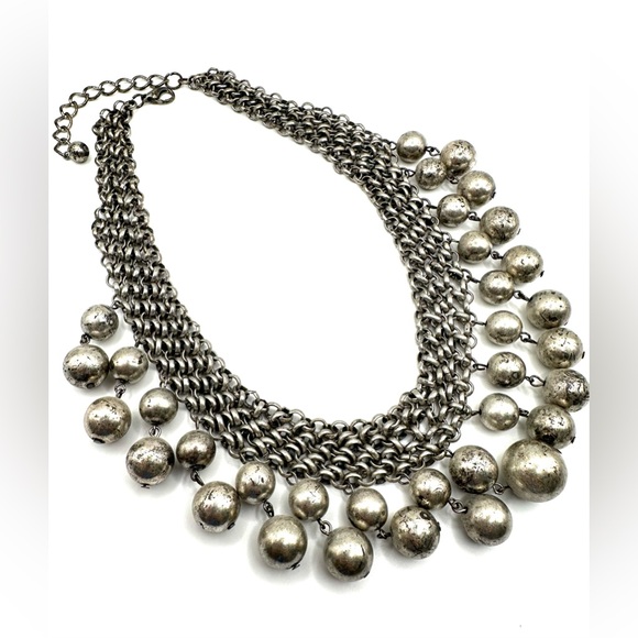Old Silver Tone Bib Necklace with Dangling Balls-Statement Necklace - Picture 3 of 10